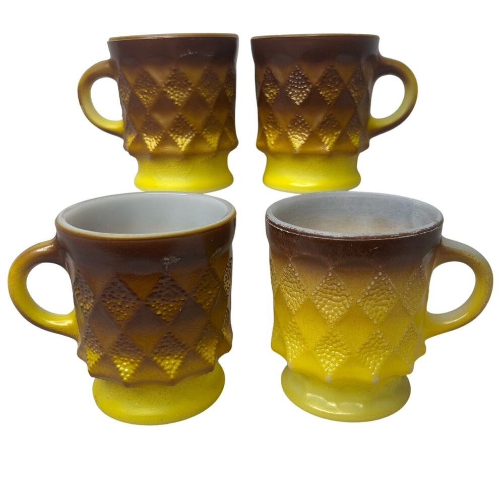 Vintage 70s Fire King Anchor Hocking Set 4 Yellow Brown Ombre Cups Mugs Coffee - Picture 3 of 11